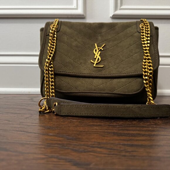 Niki Medium Flap Shoulder Bag in Quilted Suede Olive Green - Picture 2 of 5